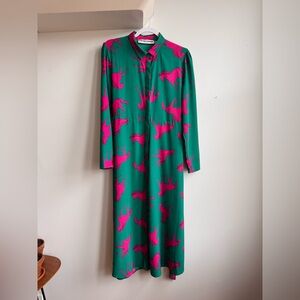 Vibrant Green and Neon Pink Horse Print Button Down Collared Midi Dress